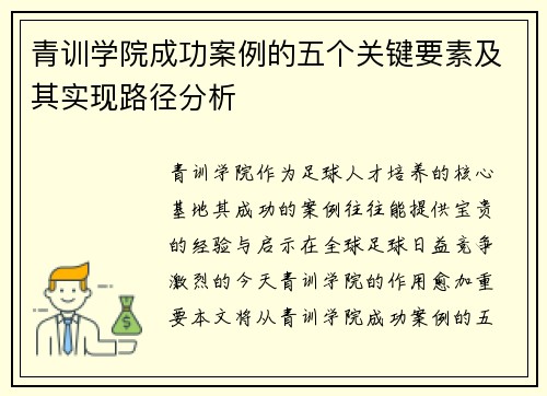 青训学院成功案例的五个关键要素及其实现路径分析